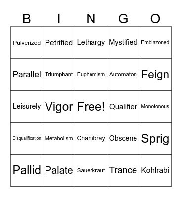 Slider Vocabulary Bingo Card