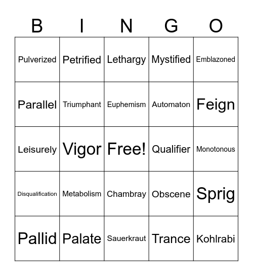 Slider Vocabulary Bingo Card