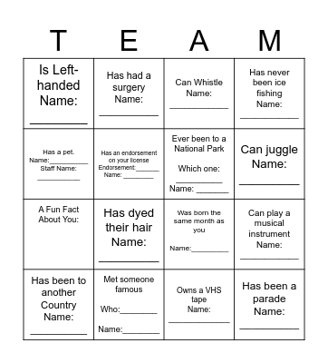 Getting To Know You Bingo Card