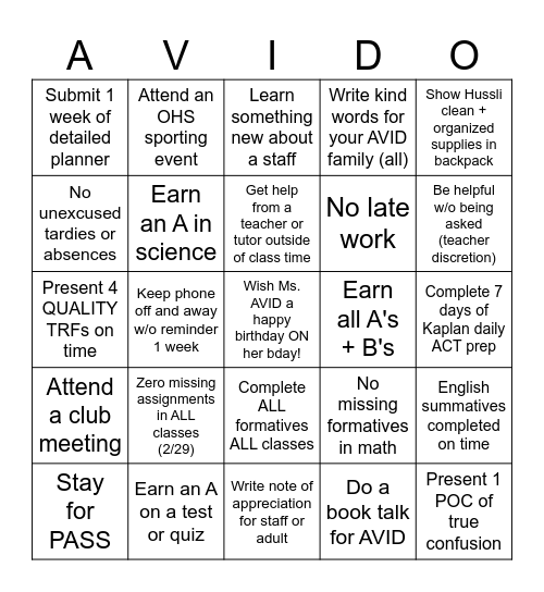 Academic Bingo - AVID Bingo Card