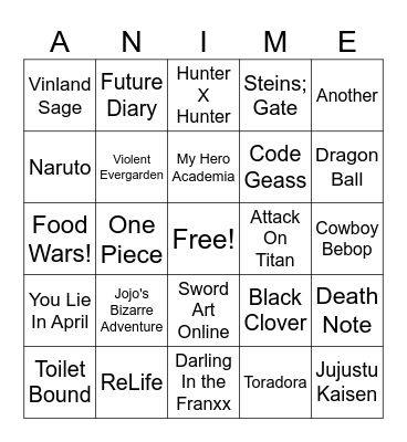 Anime Aggies Bingo #1 Bingo Card