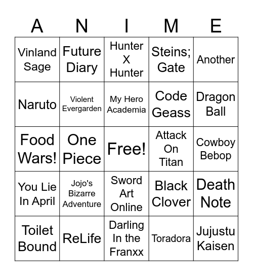 Anime Aggies Bingo #1 Bingo Card