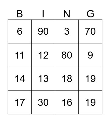 Number Bingo Card