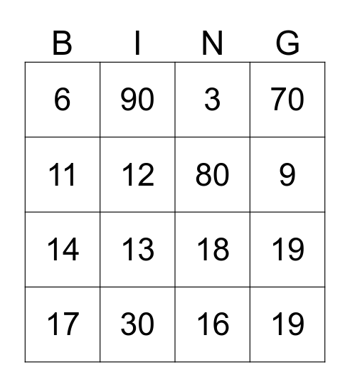 Number Bingo Card