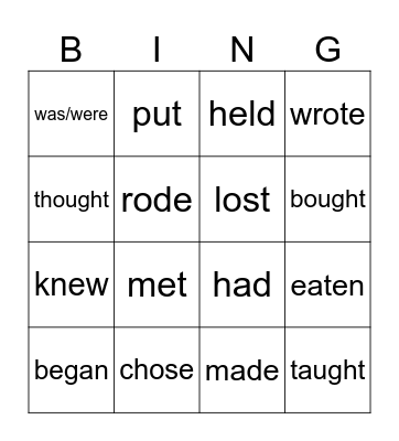 Irregular verbs Bingo Card