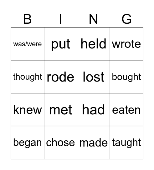 Irregular verbs Bingo Card