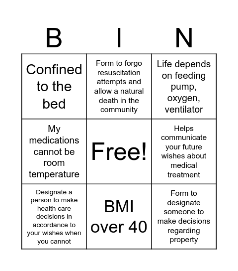 Advanced Directive and Contingency Plans Bingo Card