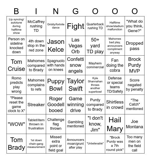 Superbowl Bingo Card