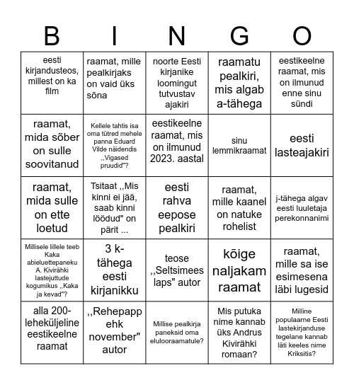 Kirjanduslik BINGO Card