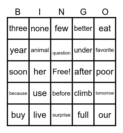 1st Grade Sight Words #2 Bingo Card