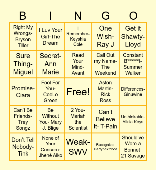 R&B Songs Bingo Card