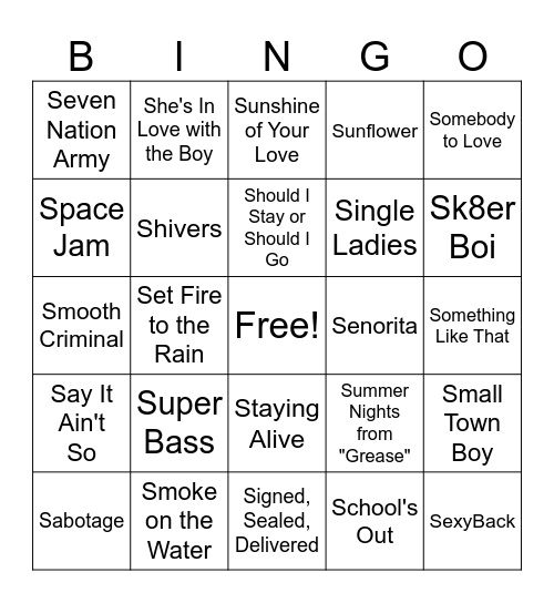 *Songs that start with S Bingo Card