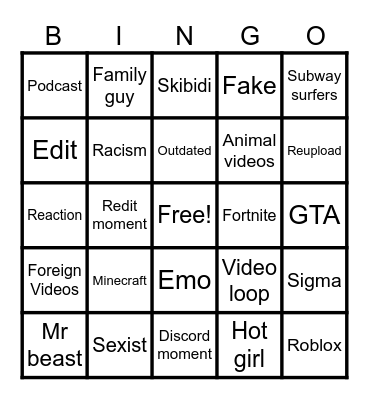 Youtube Shorts Bingo Card