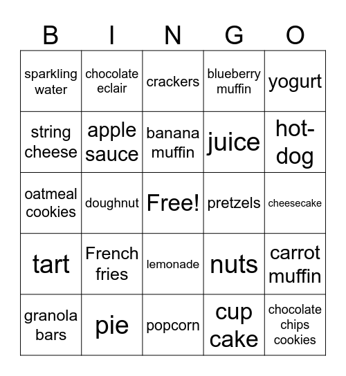 Snacks Bingo Card