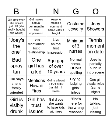 Bachelor First ep. Bingo Card