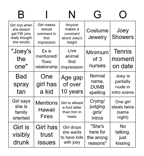 Bachelor First ep. Bingo Card