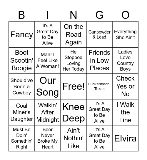 *I Like Country Music Bingo Card