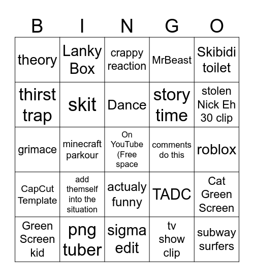 Shorts Bingo Card