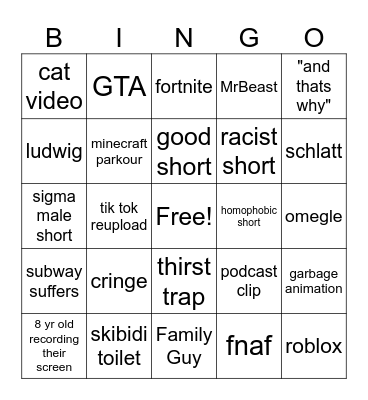 shorts bingo Card