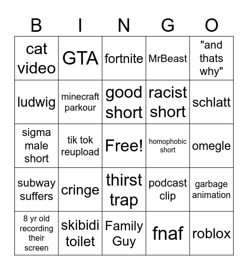 shorts bingo Card