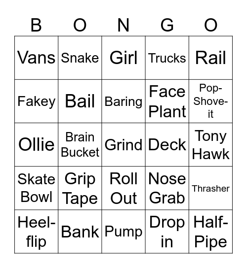 Skate Bongo Bingo Card