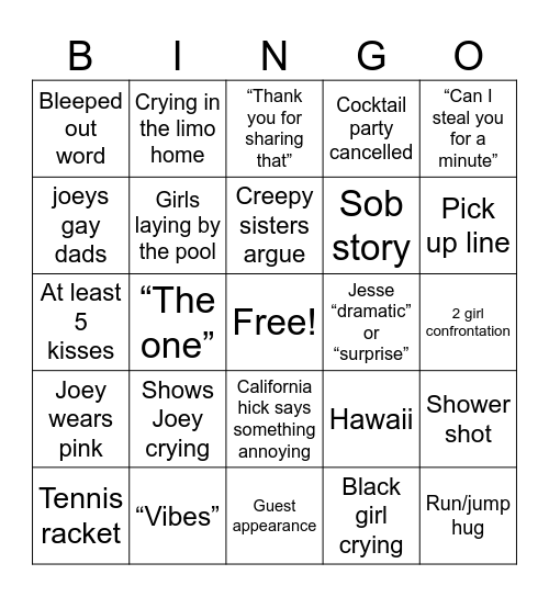 Bachelor bingo Card