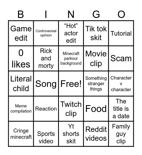 YouTube shorts Bingo Card