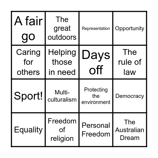 Australian Values Bingo Card