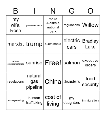 Alaska State of the State Bingo Card