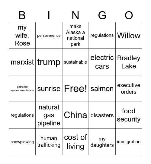 Alaska State of the State Bingo Card