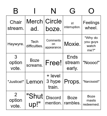 Boze Bingo Card