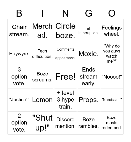 Boze Bingo Card