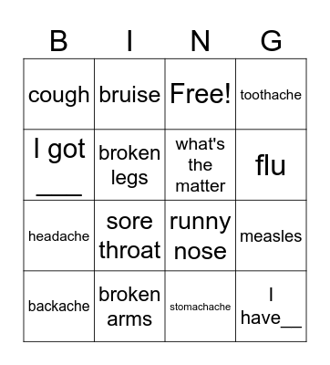 Health Problem Bingo Card