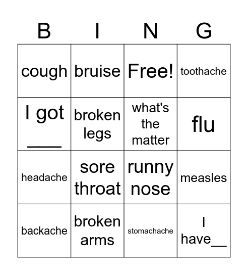 Health Problem Bingo Card