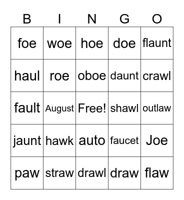 au, aw, oe Bingo Card