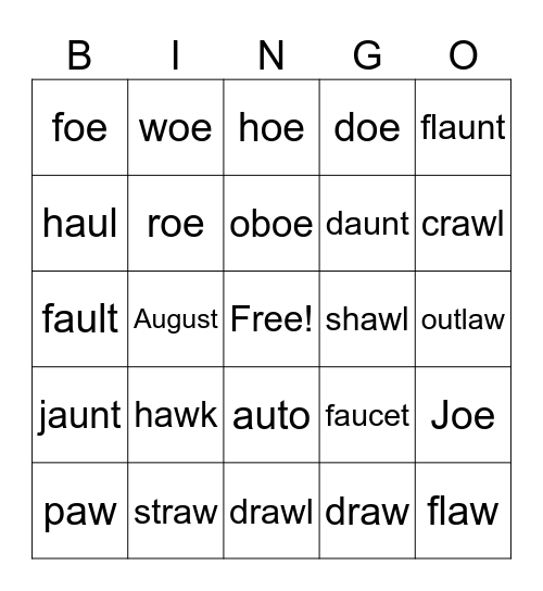 au, aw, oe Bingo Card