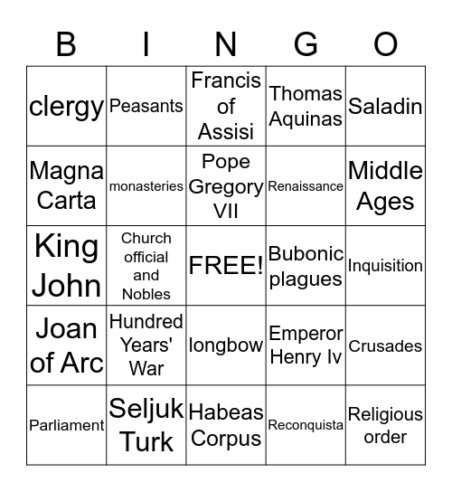 Medieval Europe  Bingo Card