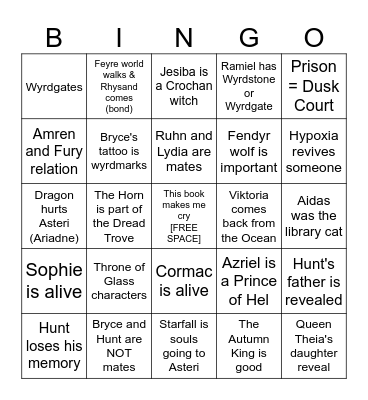House of Flame and Shadow Bingo Card