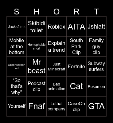 YouTube Shorts Bingo Card