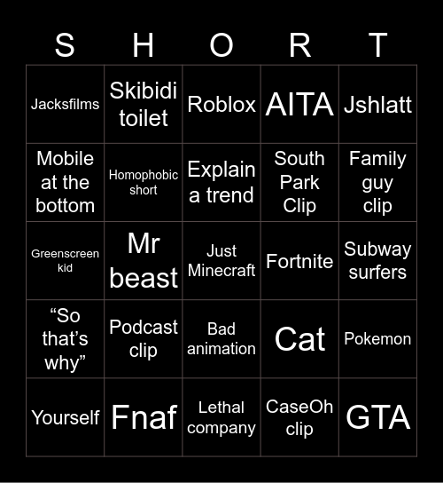 YouTube Shorts Bingo Card