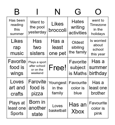 All About Me Bingo Card