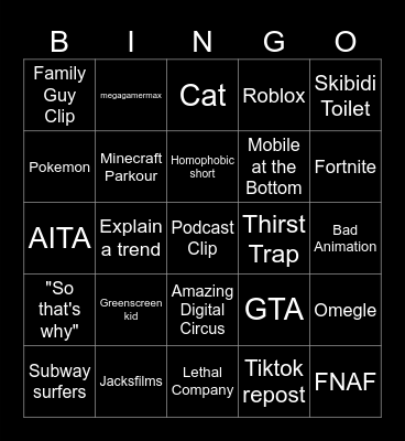 Youtube Shorts Bingo Card