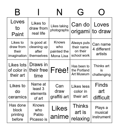 Art Bingo Card