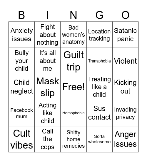 r/Insane Parents Bingo Card