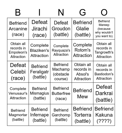 Pokepark Wii Lockout Bingo Card