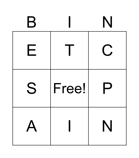 Bingo Letters Bingo Card