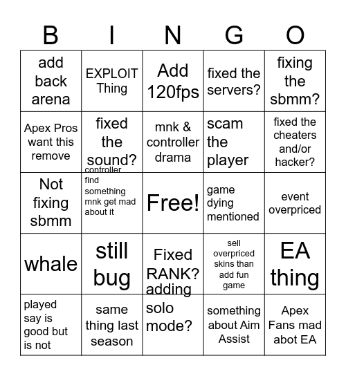 Apex legends list Bingo Card