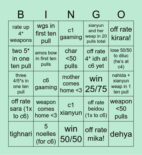 xianyun pulls Bingo Card