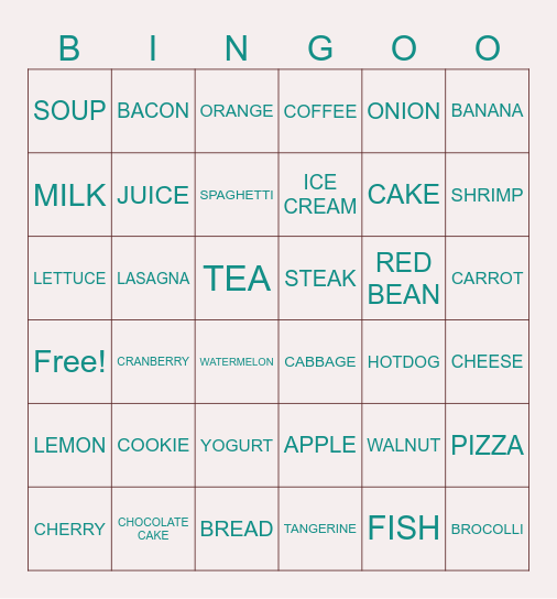 You Are What You Eat!!! Bingo Card