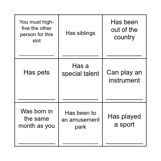 Get to know each other Bingo! Bingo Card